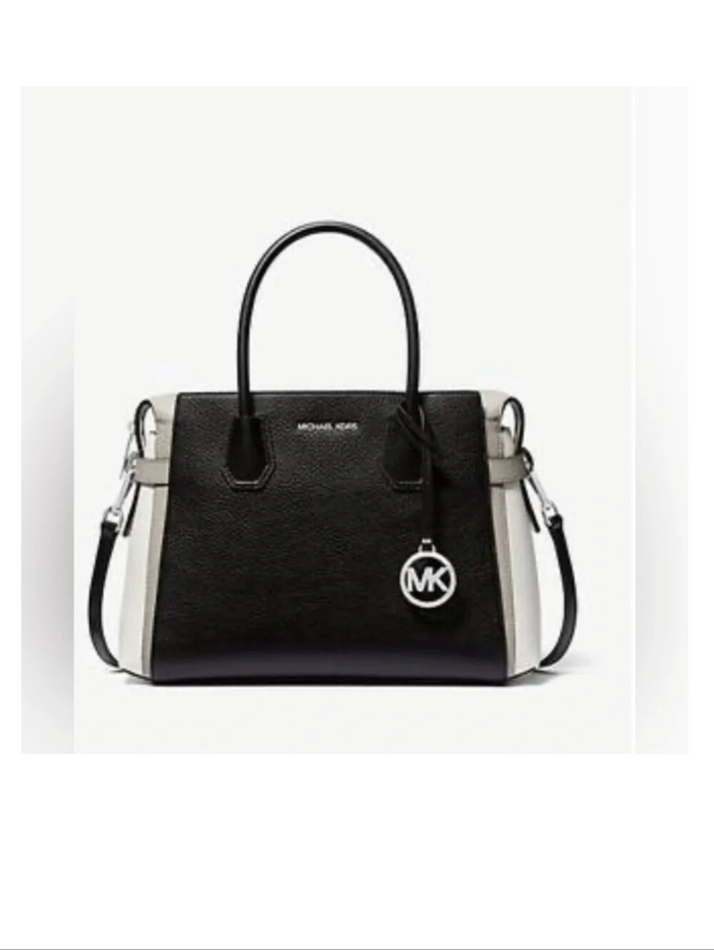 Michael Kors Black and Cream Pebbled Leather Satchel with MK Charm